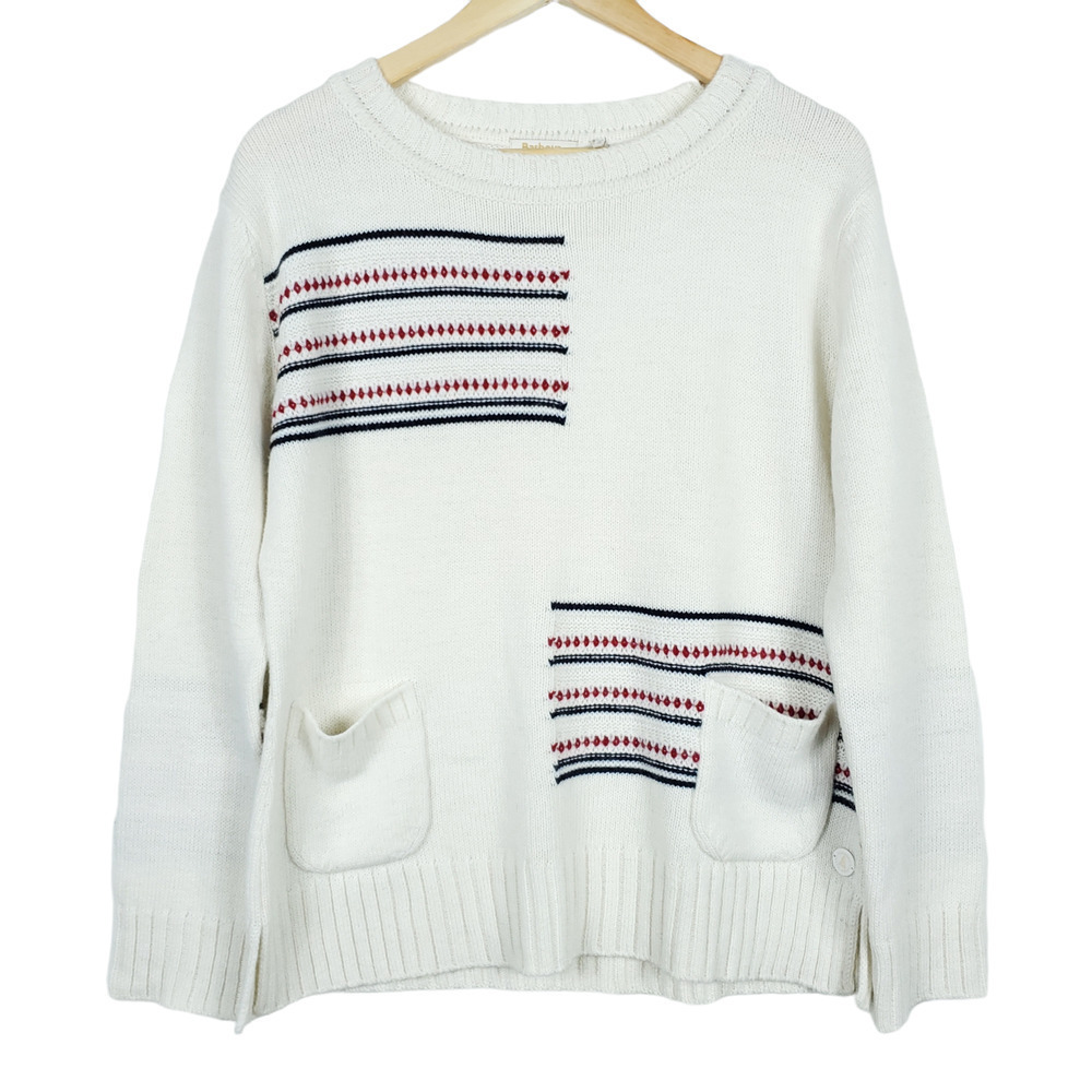 Barbour Sweater 14 Seaton Alpaca Wool Cashmere Knit White Striped Pullover